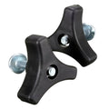Black plastic mower handle bolt brackets with silver mounting screws, pair set
