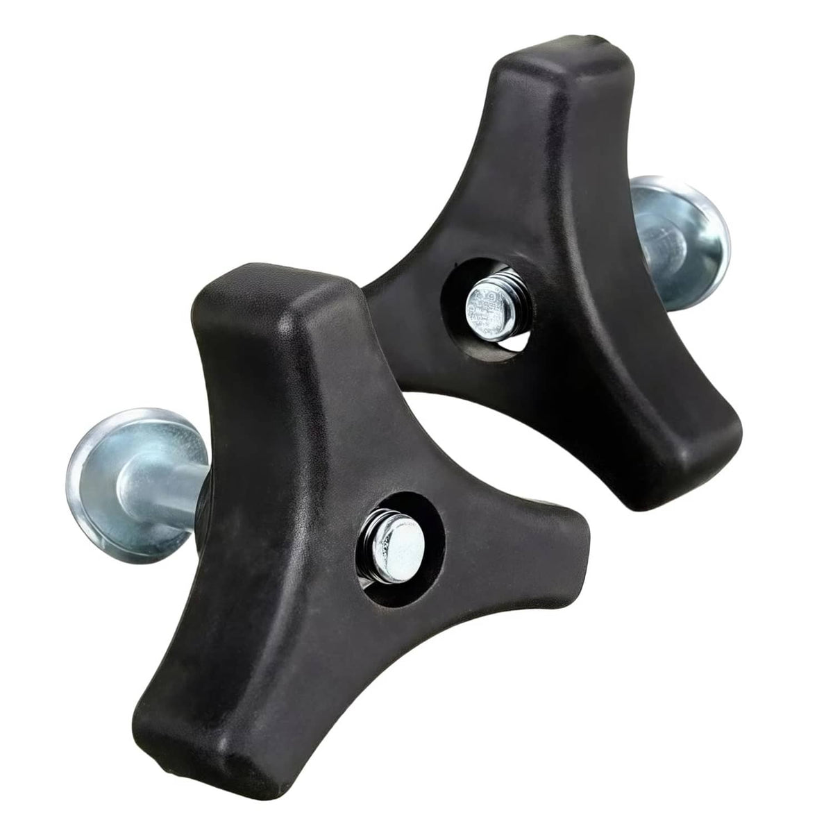 Black plastic mower handle bolt brackets with silver mounting screws, pair set