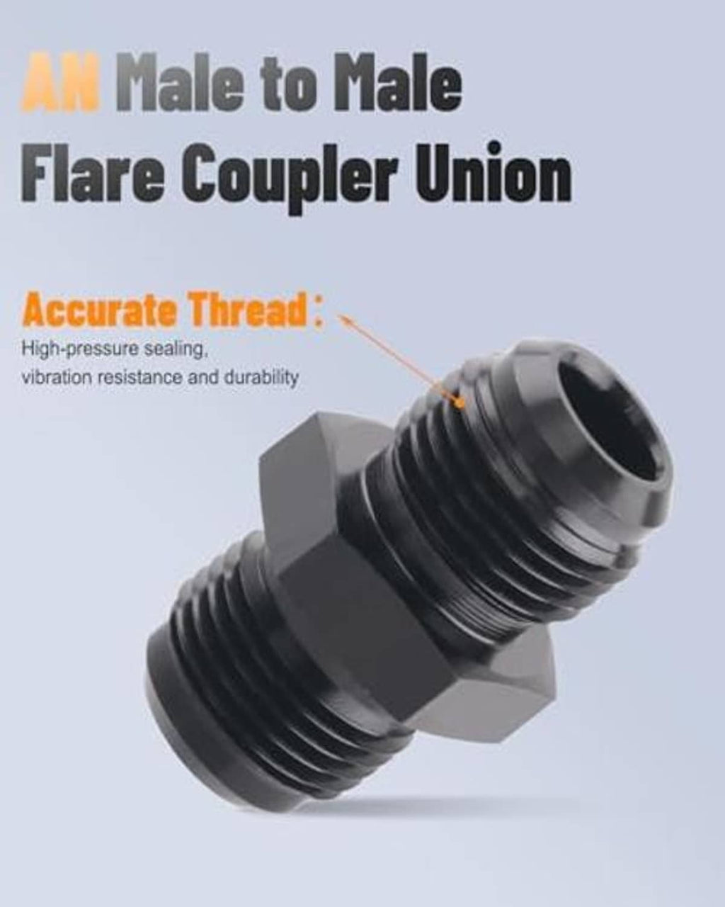 AN male flare coupler union with hex nut body, dual male threads, black finish