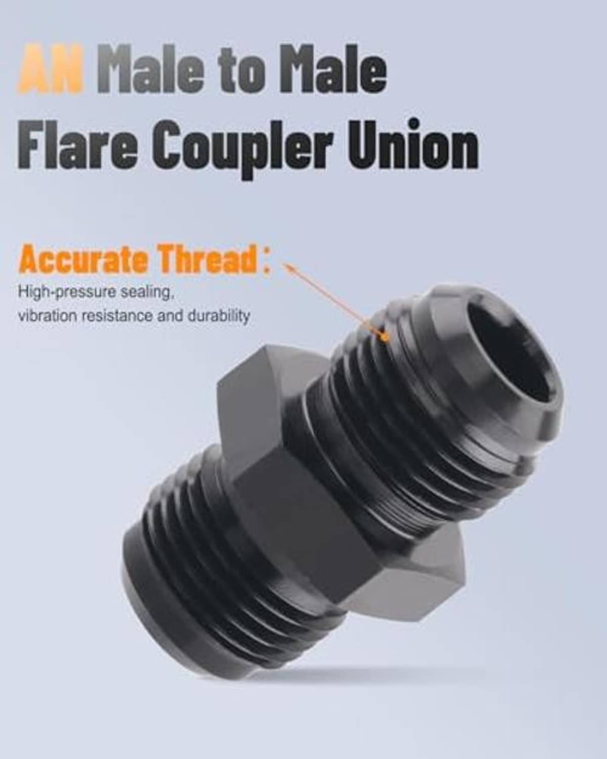 AN male flare coupler union with hex nut body, dual male threads, black finish