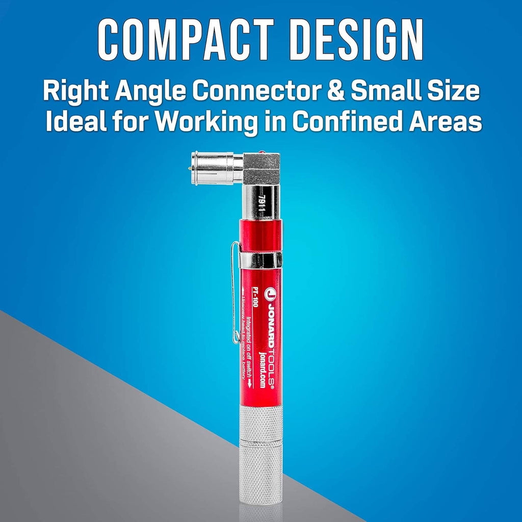 Red coax continuity tester with right-angle connector and textured grip