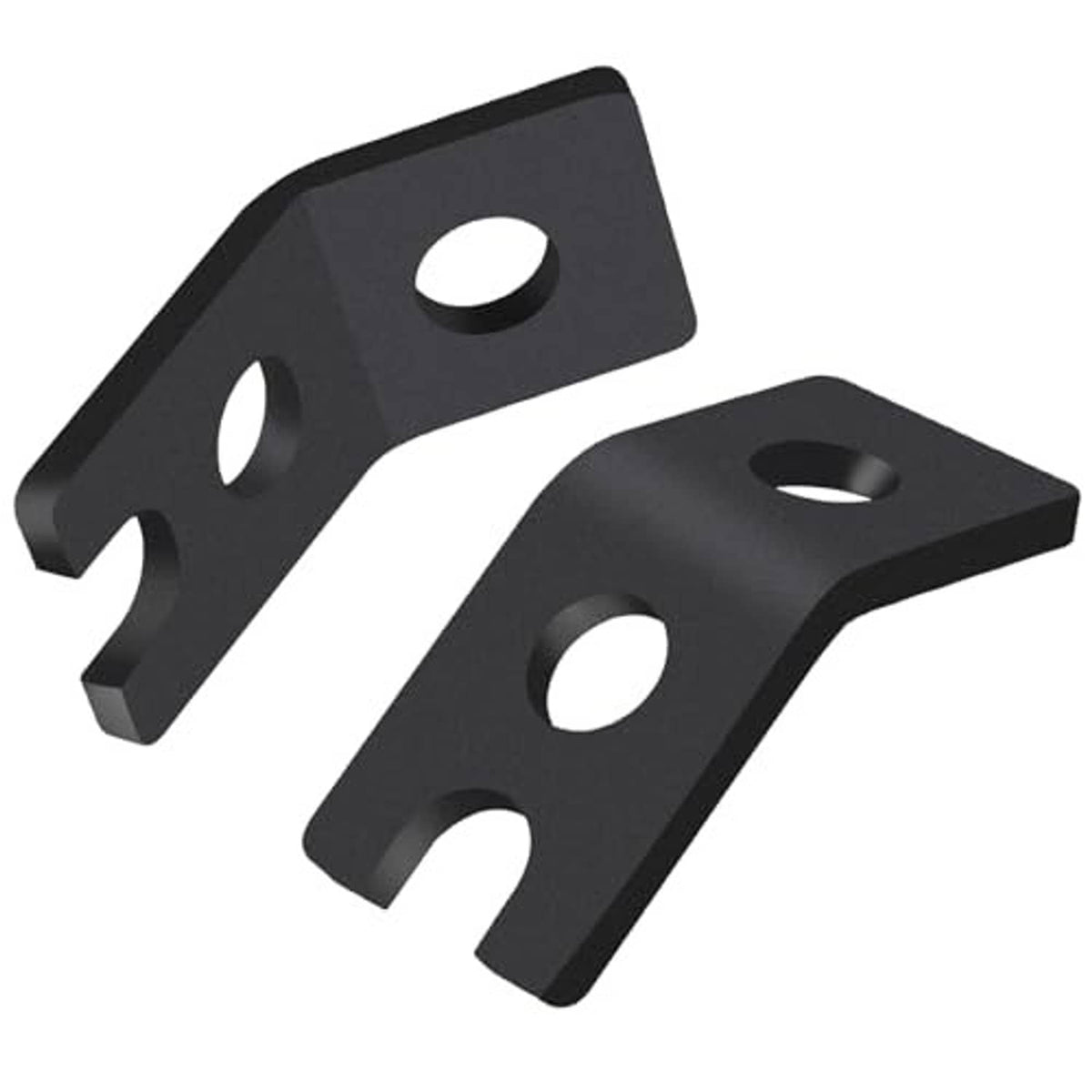 Two black metal mounting light brackets with oval cutouts and centered circular holes