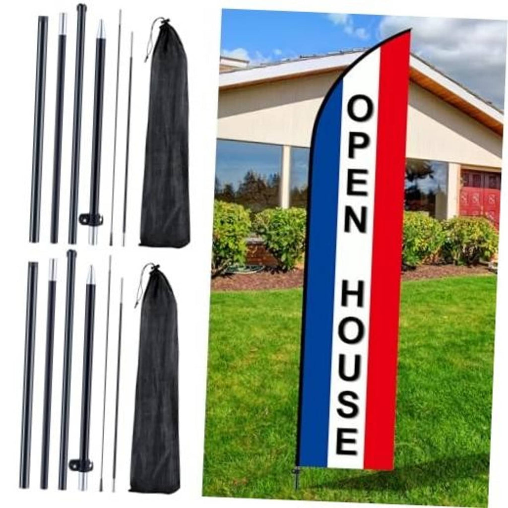 Portable feather flag pole kit with black poles, storage bag, and OPEN HOUSE flag