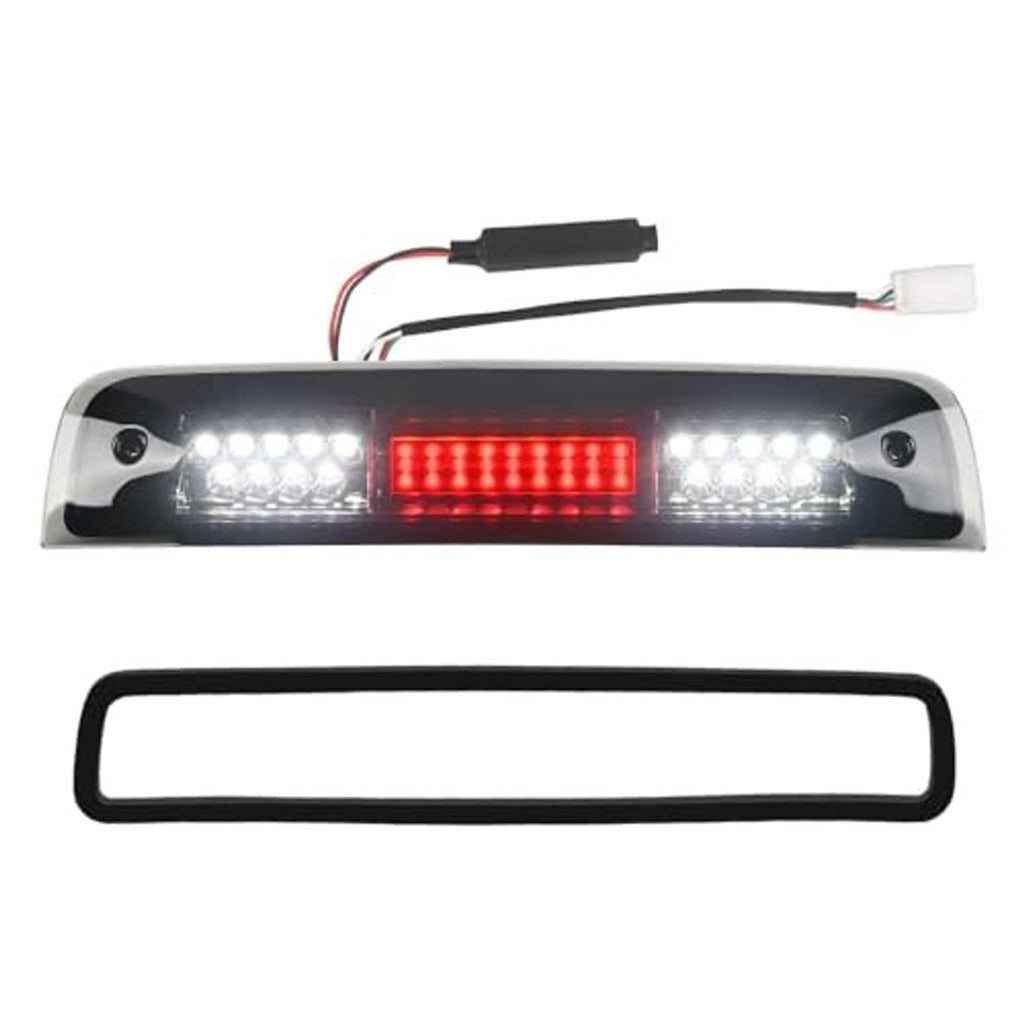 LED third brake light assembly with smoked housing, central red LED strip, wire pigtails