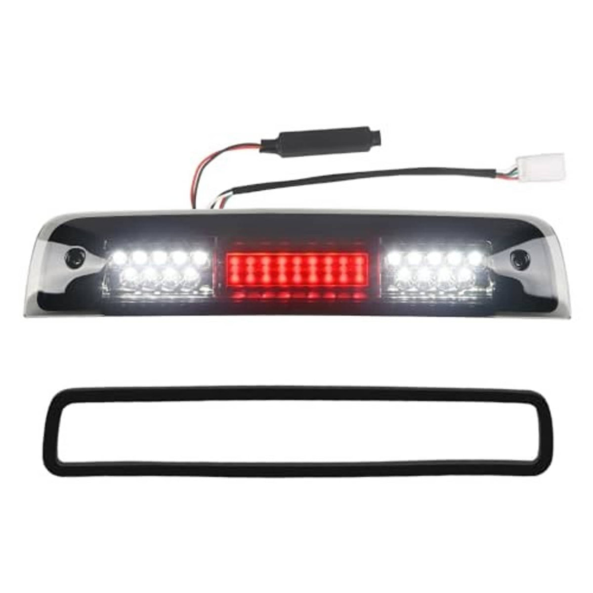 LED third brake light assembly with smoked housing, central red LED strip, wire pigtails