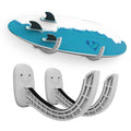 Gray wall-mount surfboard rack with U-shaped supports and black rubber pads holding a board.