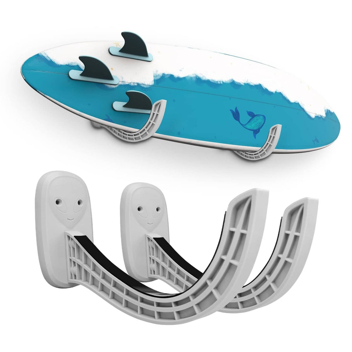 Gray wall-mount surfboard rack with U-shaped supports and black rubber pads holding a board.