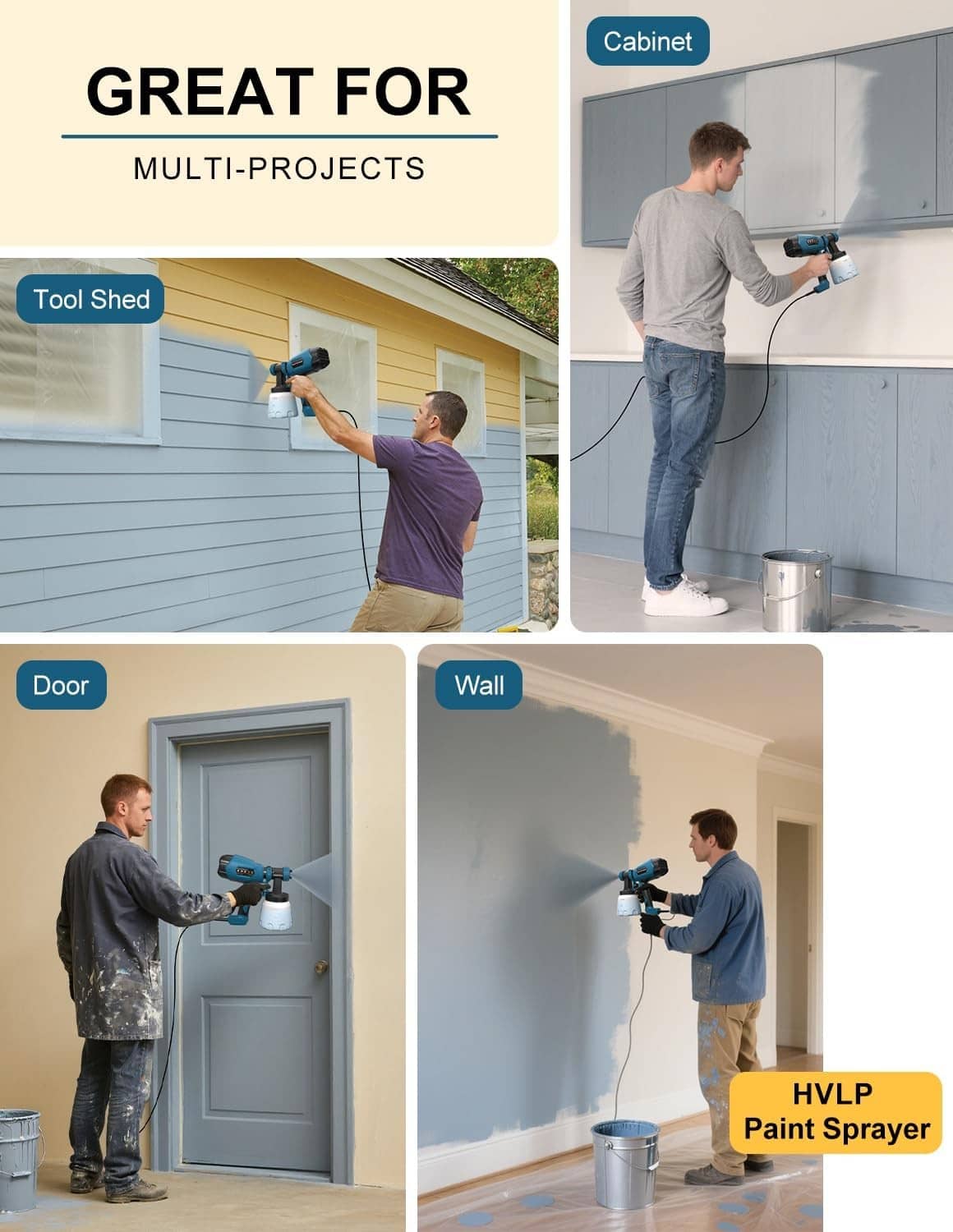 Electric HVLP paint sprayer in use on indoor walls with power cord