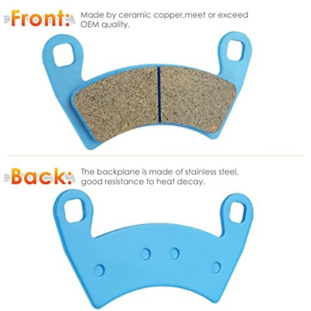 Ceramic brake pad set showing front and rear pads with blue backing