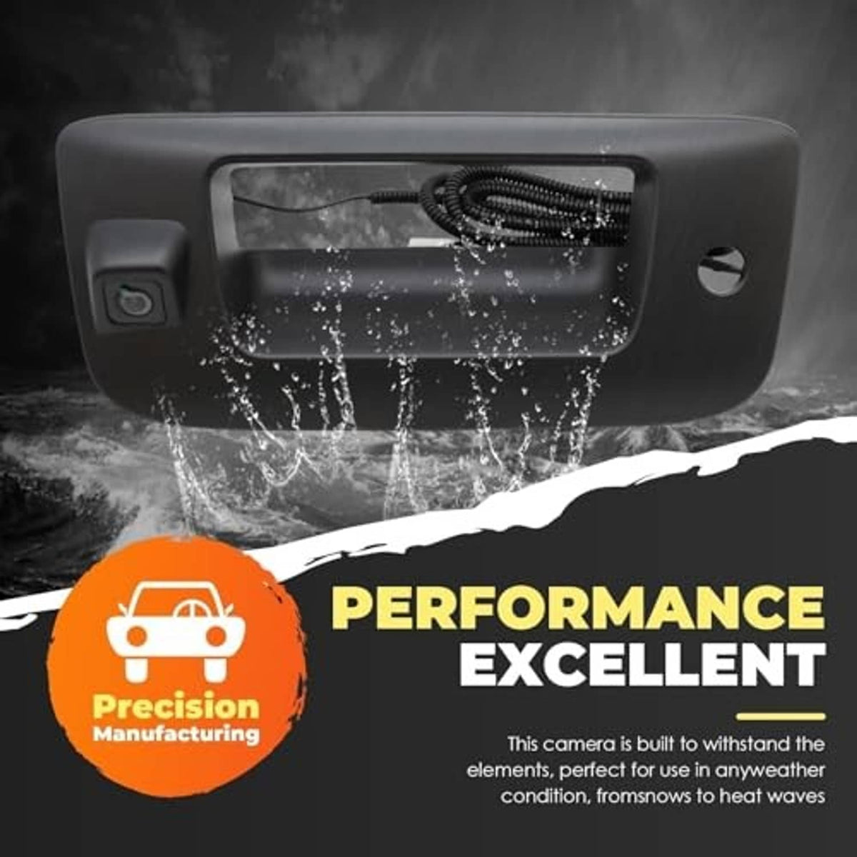 Black tailgate handle backup camera with water-splash resistant design