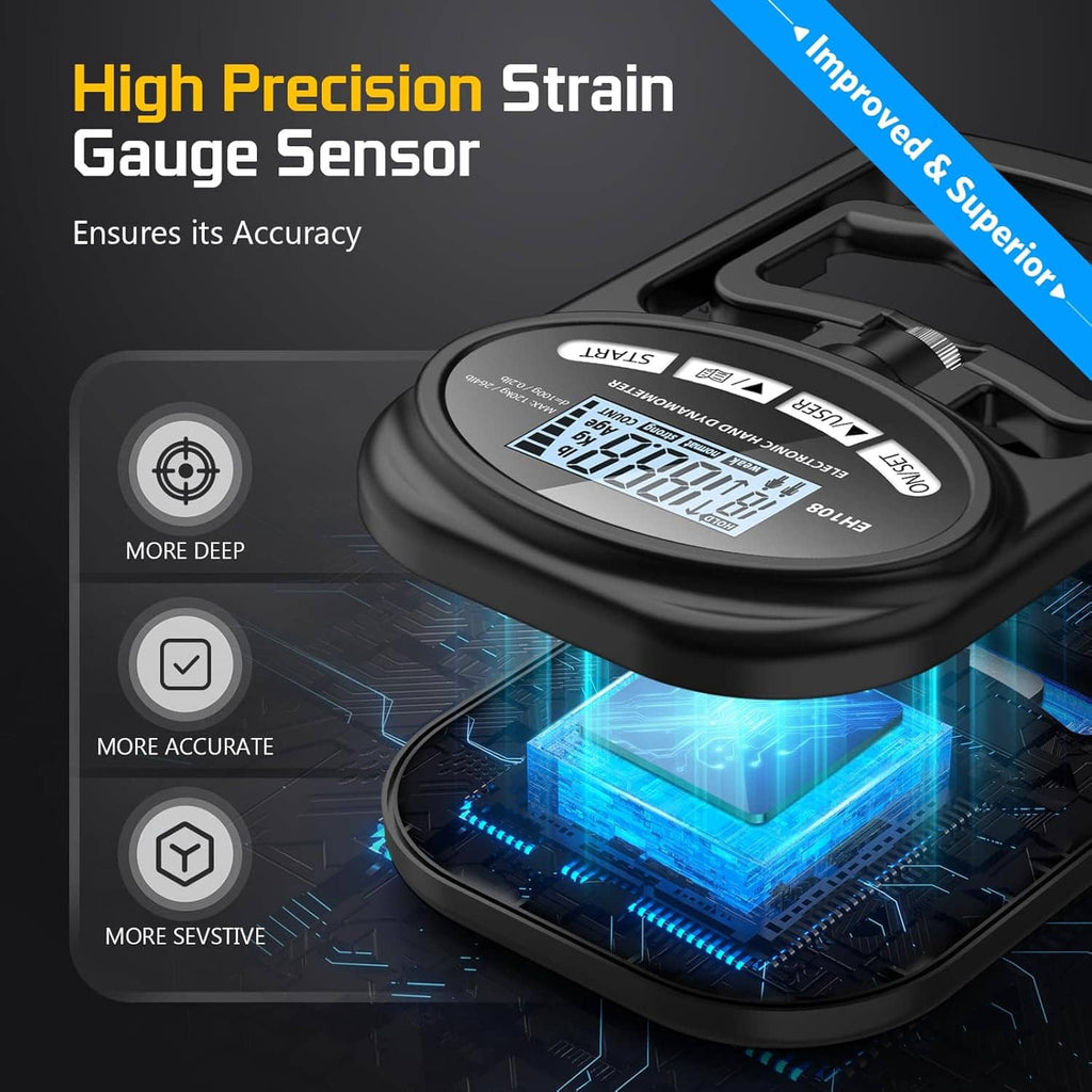 Close-up black electronic hand grip dynamometer with LCD strain gauge sensor.