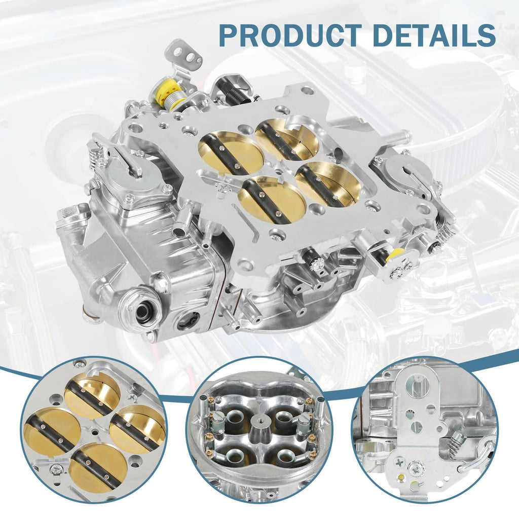 Aluminum 4-barrel carburetor with gold float bowls, close-up and detail insets