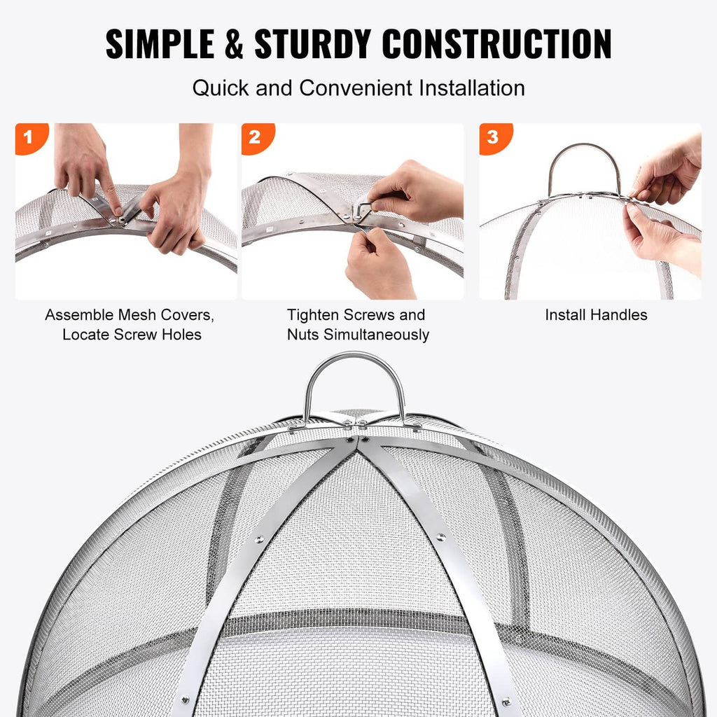 Stainless steel round fire pit spark screen cover lid, dome mesh with support ribs
