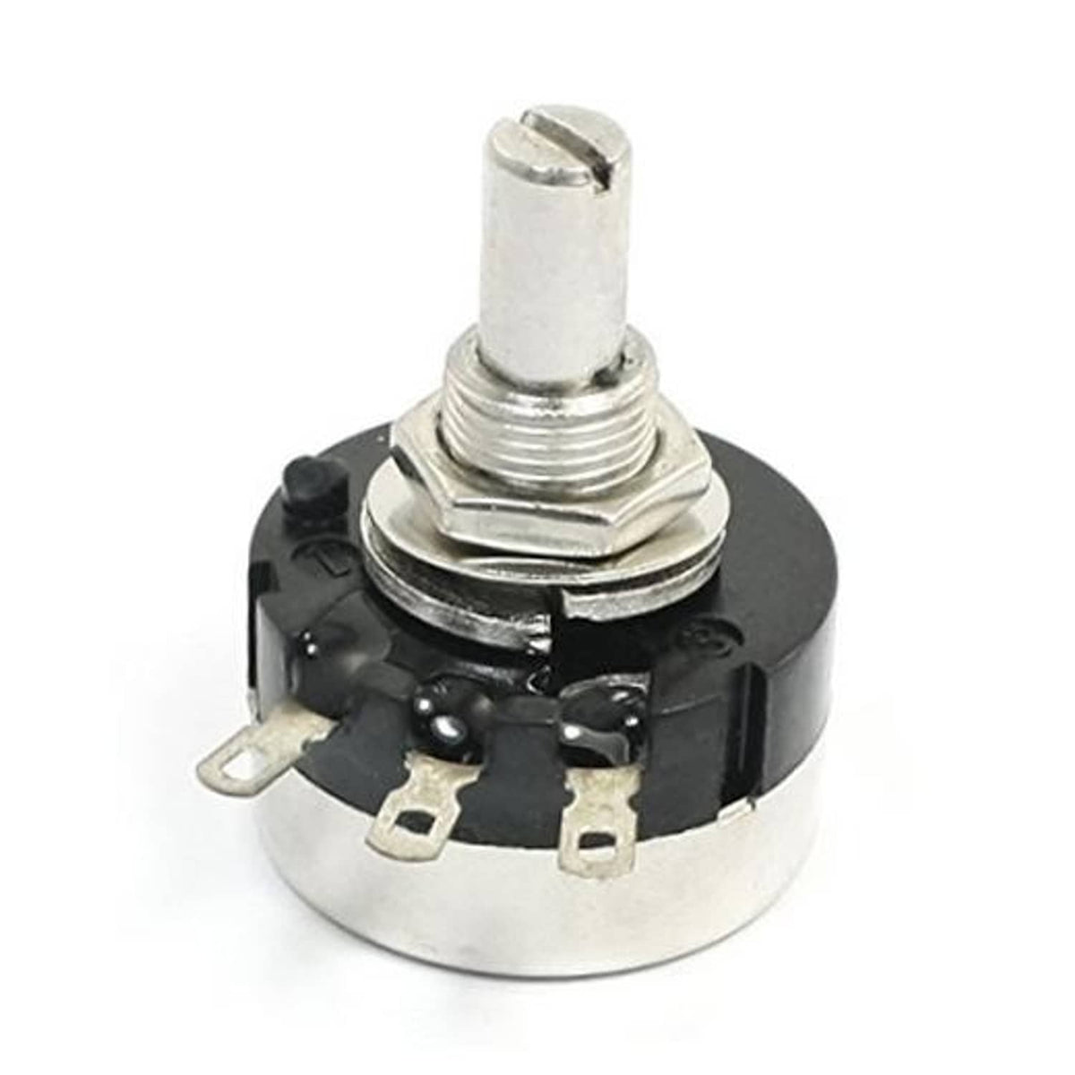 Wirewound rotary potentiometer with metal shaft and solder terminals, round metal body