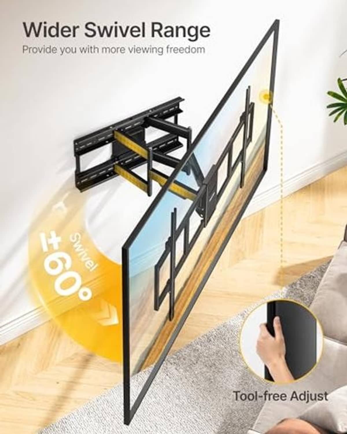 Heavy-duty TV wall mount bracket with swivel arms angled for wider viewing
