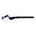 Soft plastic curly-tail fishing worm lure, dark blue-black body and purple fin tail