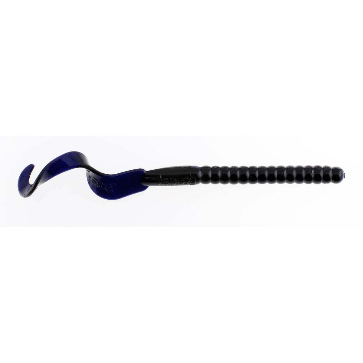 Soft plastic curly-tail fishing worm lure, dark blue-black body and purple fin tail