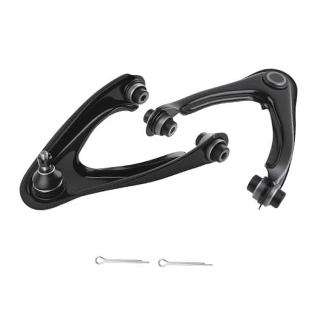 Front upper control arm kit with ball joints, black steel, includes hardware pins