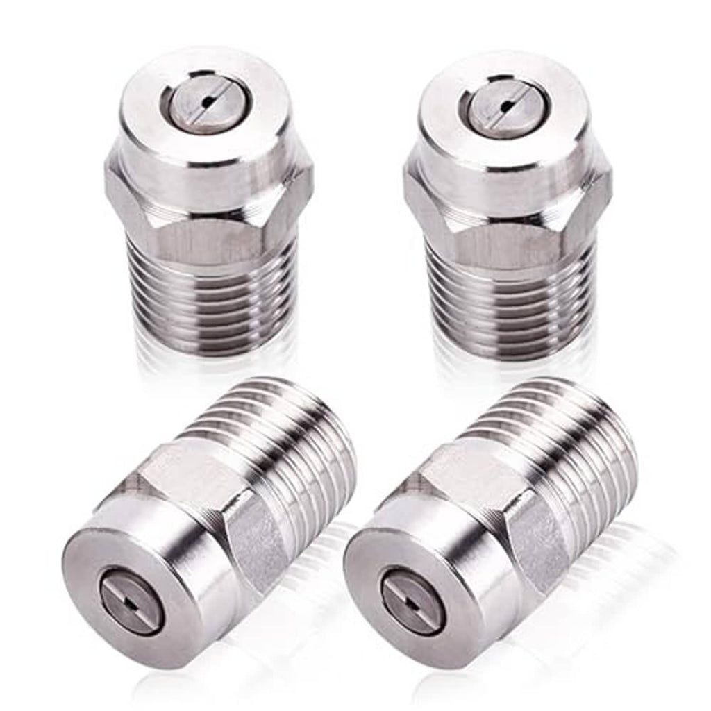 Set of stainless steel threaded spray nozzle tips with hex heads and threaded bodies