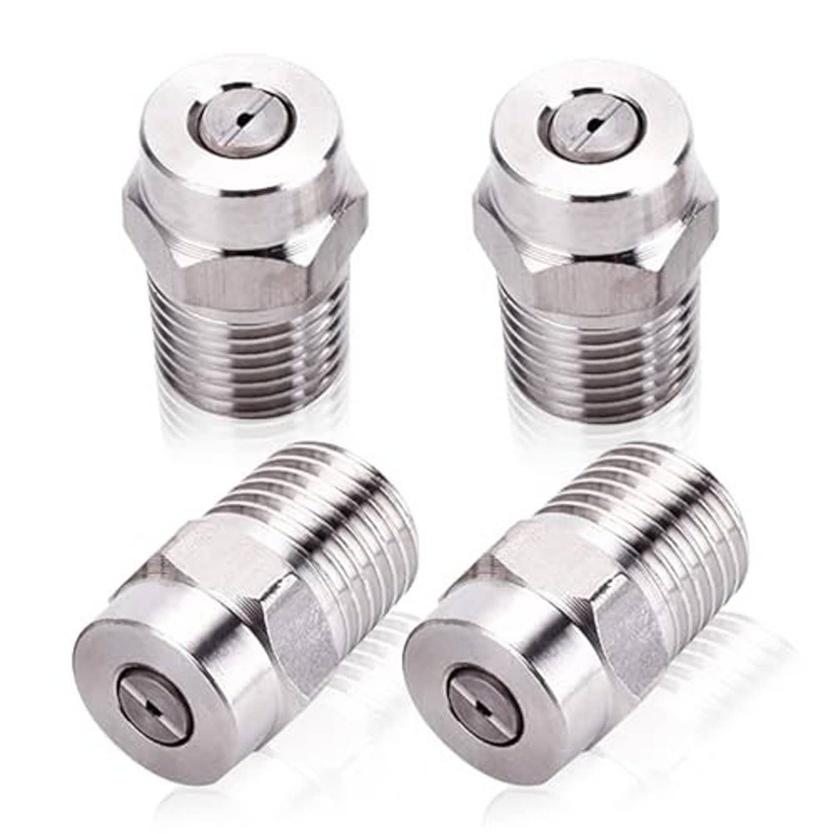 Set of stainless steel threaded spray nozzle tips with hex heads and threaded bodies