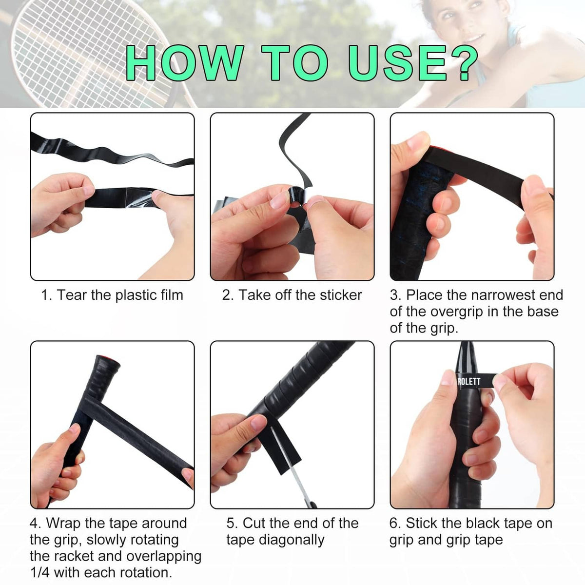Black grip tape being applied to a racket handle with pre-cut ends