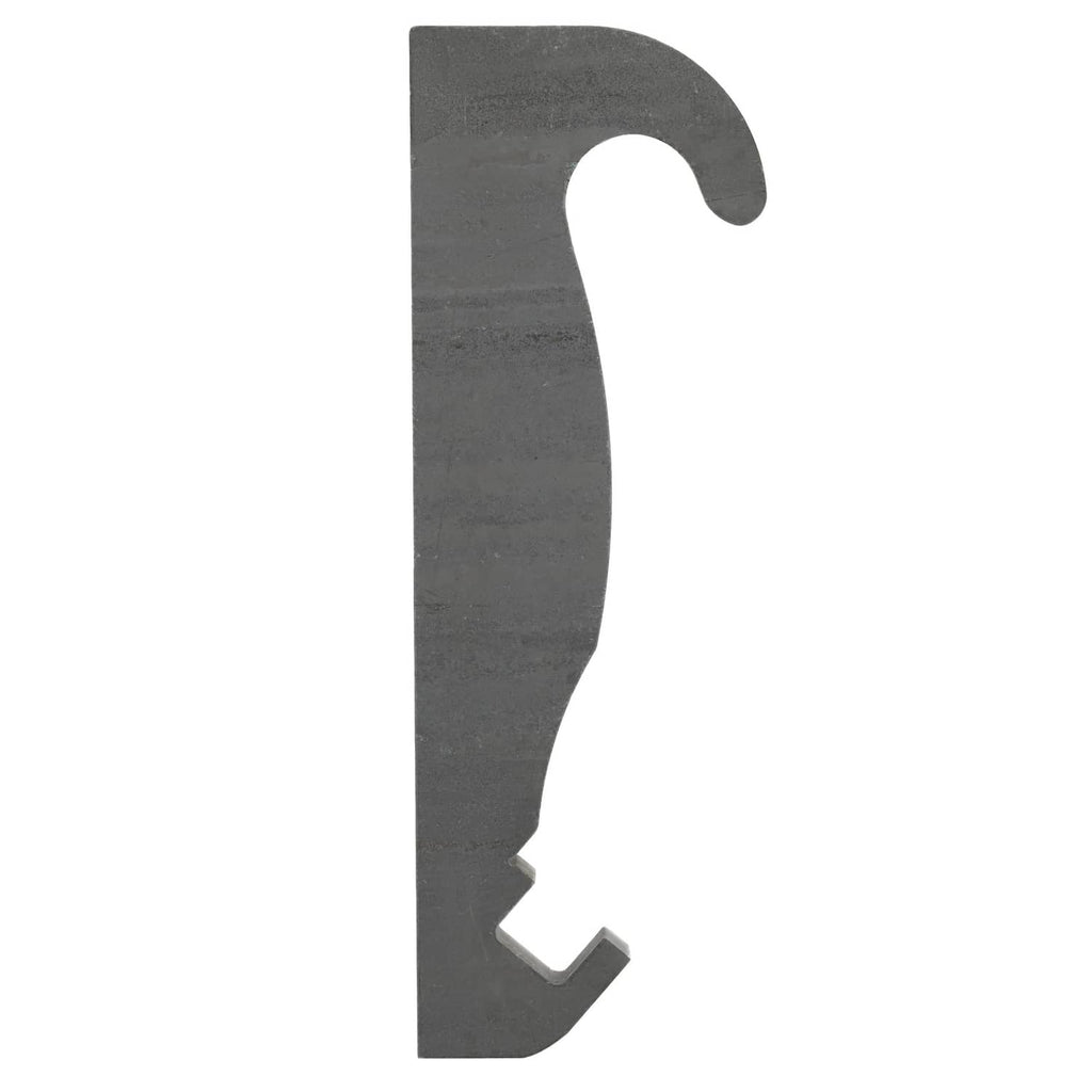 Dark gray steel quick-attach bracket with curved top hook slot and locking notch