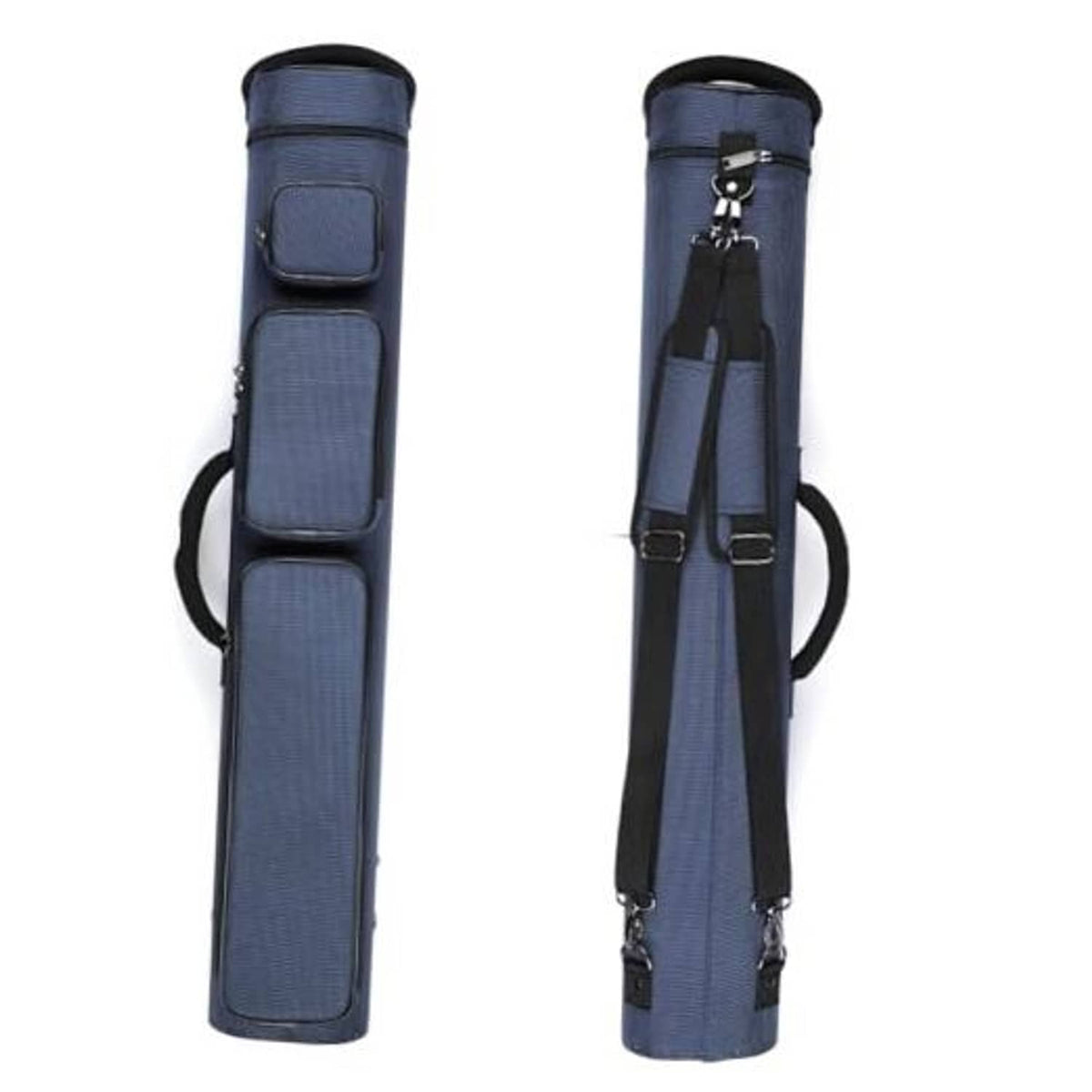 Blue nylon pool cue case with 12-slot design, padded compartments and carry strap