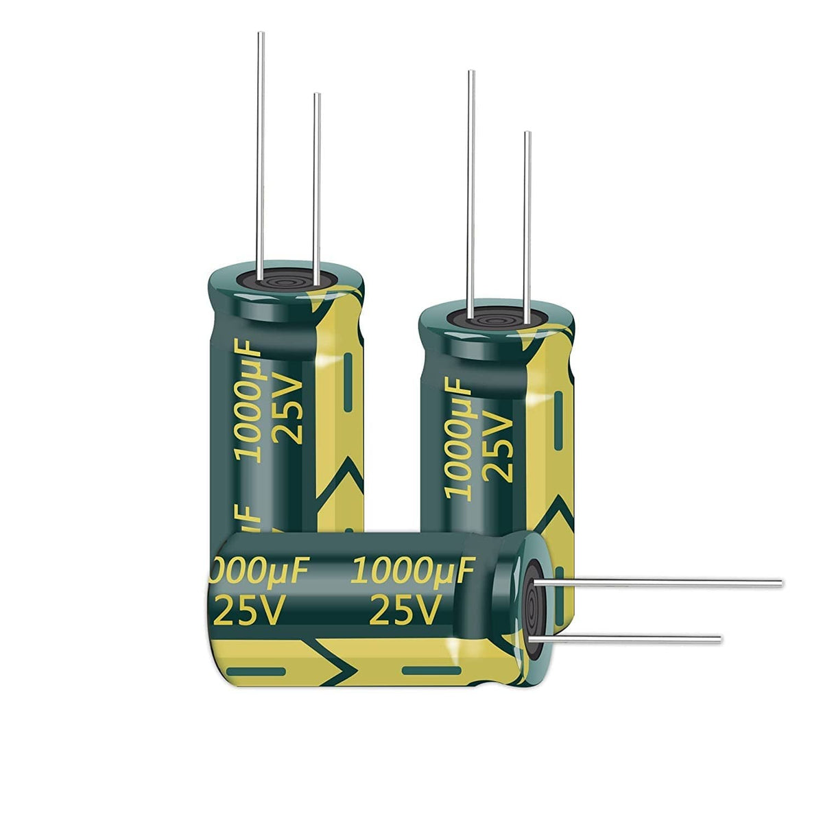 Close-up aluminum electrolytic capacitors, green cans with printed ratings and leads