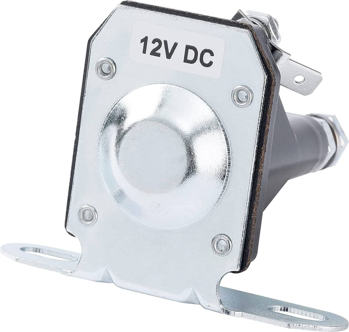 Lawn mower starter solenoid labeled 12V DC, silver face, black body, metal mounting tabs