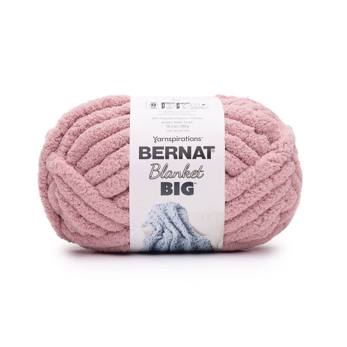 Pink jumbo chenille yarn skein labeled Bernat Blanket Big, 300g