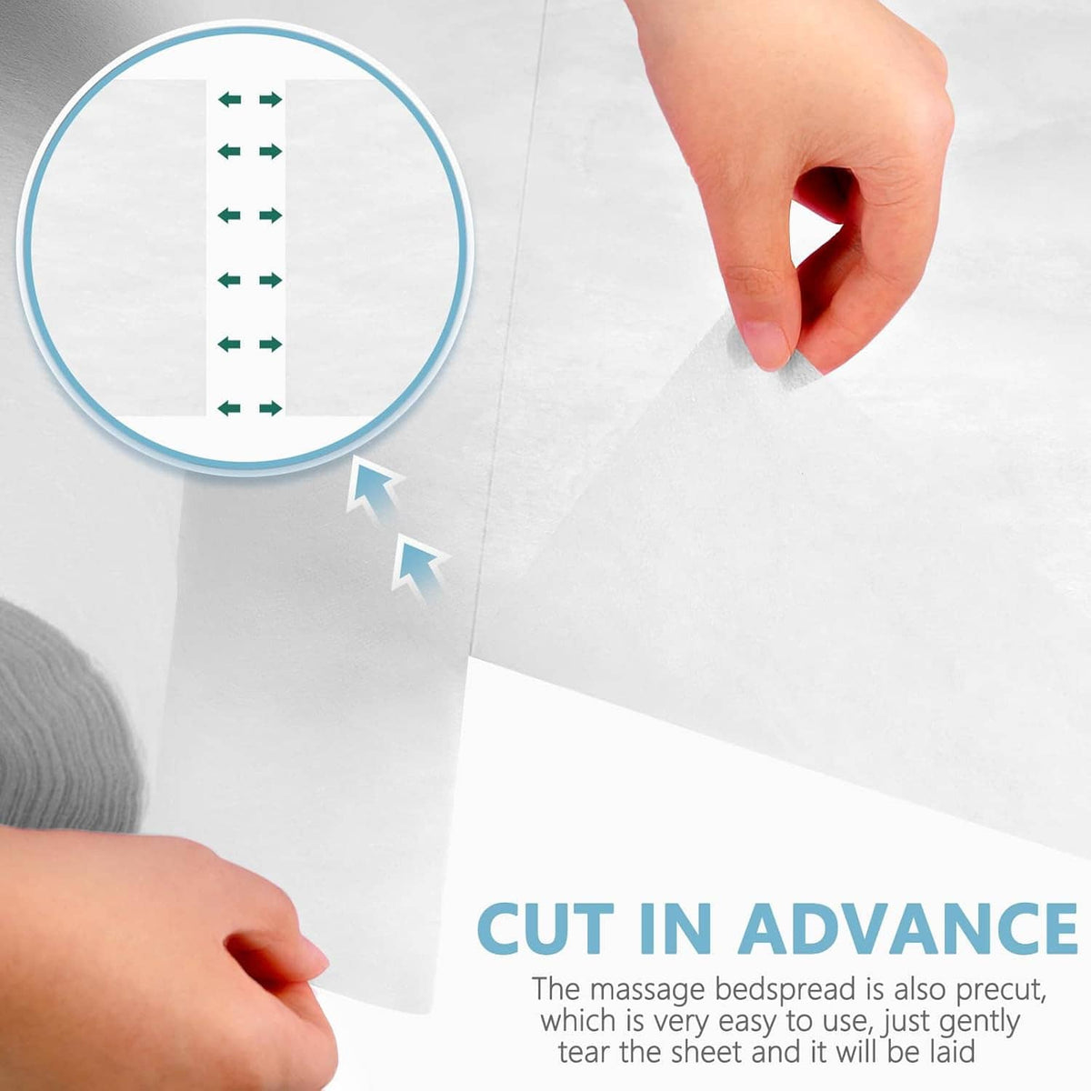 Disposable non-woven bed sheet being cut and folded for a massage table cover