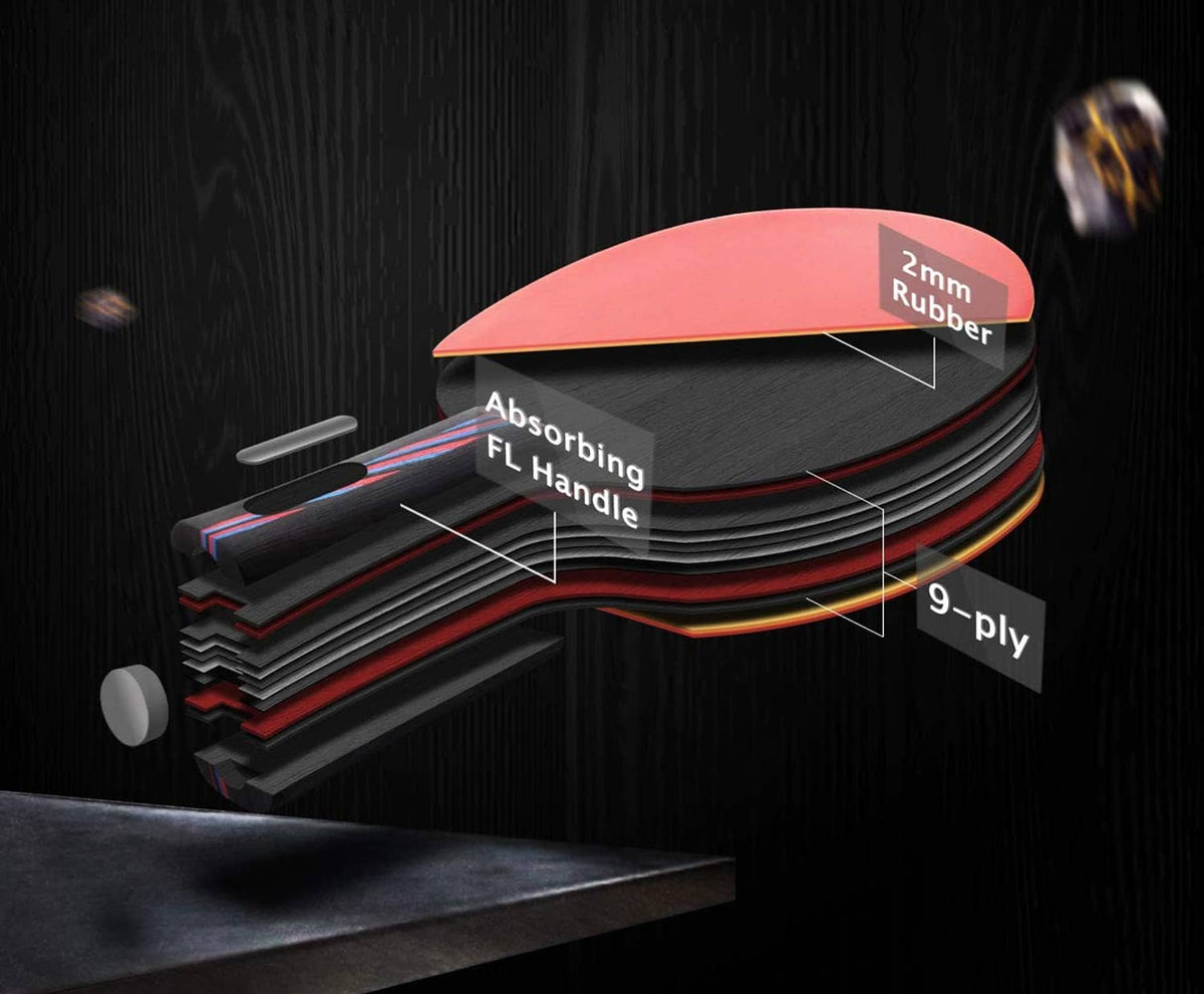 9-ply table tennis paddle with 2mm rubber and absorbing handle