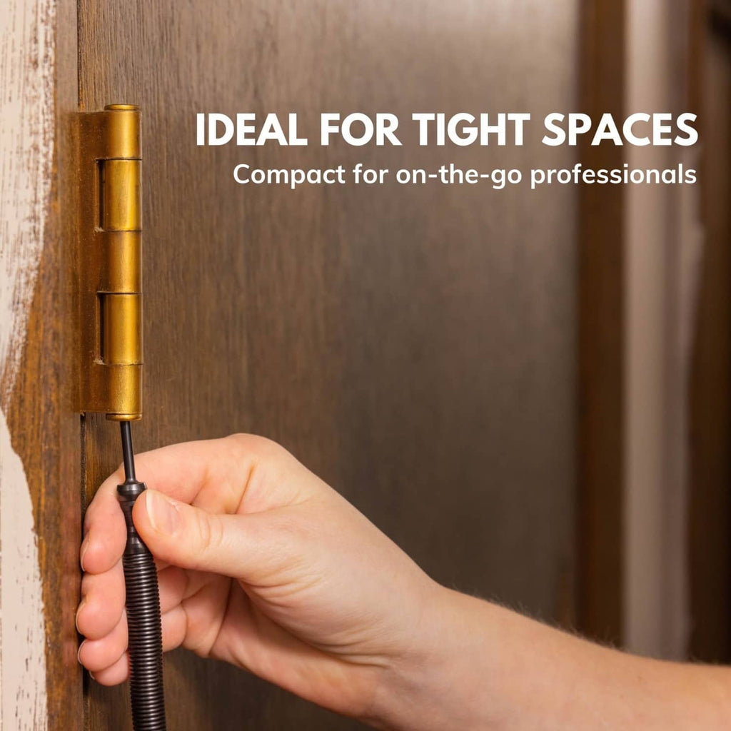 Compact spring hinge pin tool with gold-colored striker and black spiral shaft