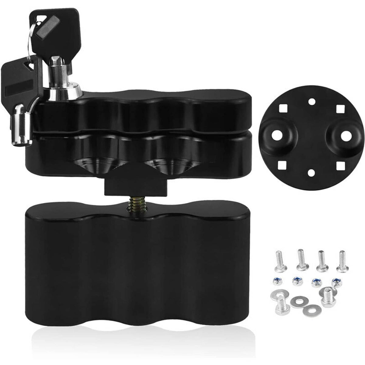 Black pack-mount lock assembly with circular base plate and bolt hardware