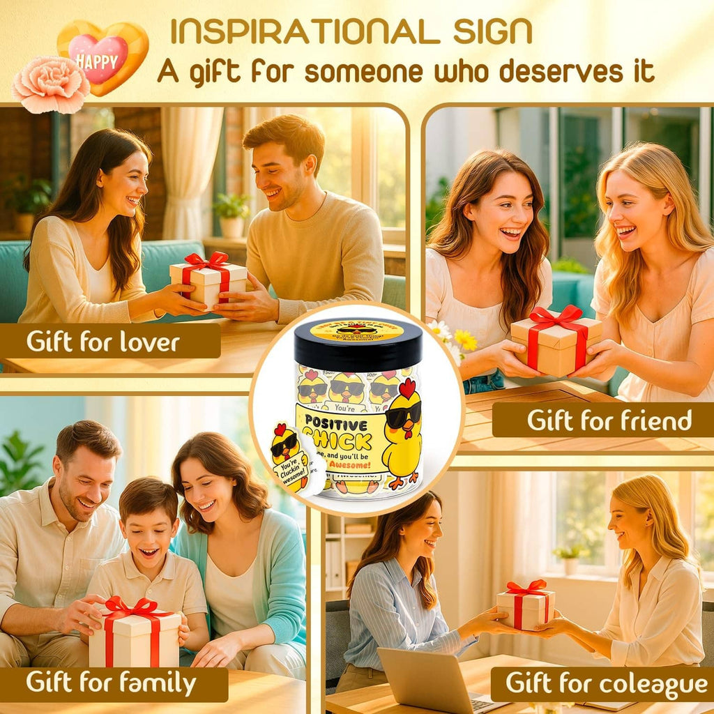 Chicken positive affirmation note jar shown with gift boxes and people holding presents