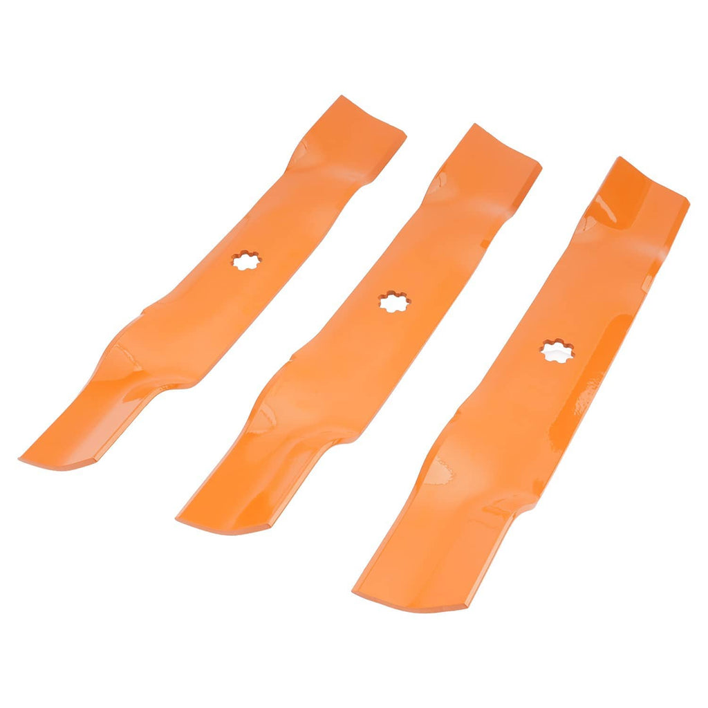 Four orange mower deck blades arranged together, each showing a center bolt hole