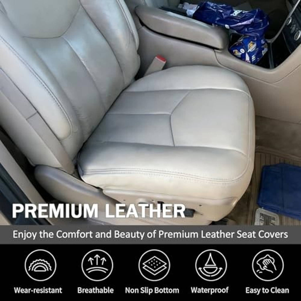 Light tan leather-style driver seat cushion cover with smooth stitched panels