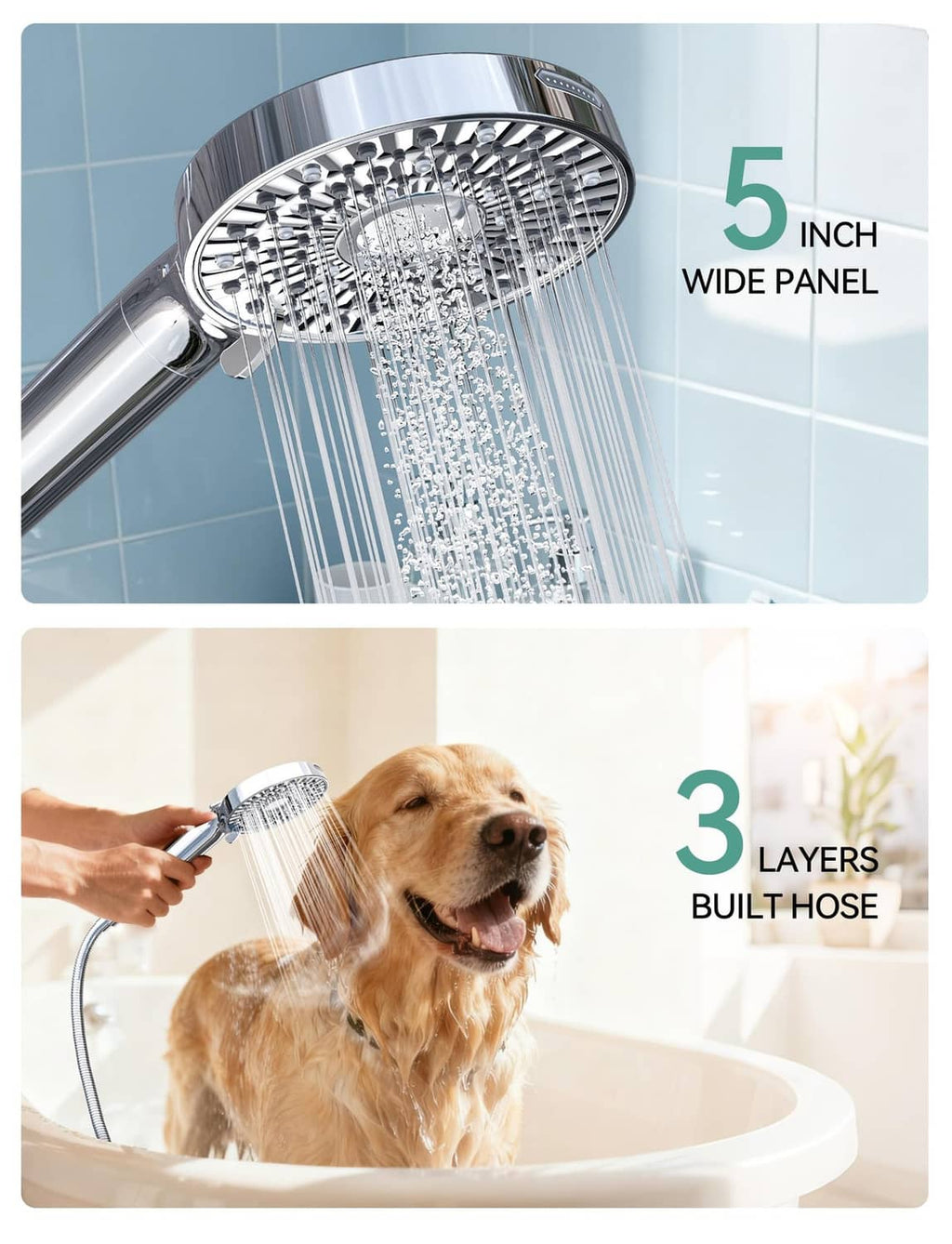 5-inch wide shower panel shower head with steady overhead spray