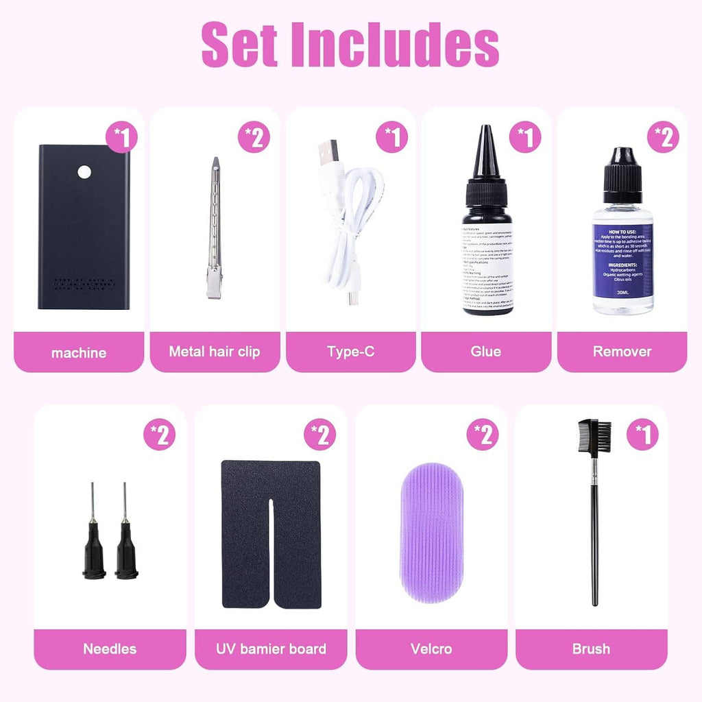 Contents set for UV light hair extensions: UV machine, glue, remover, clips, needles, velcro, brush
