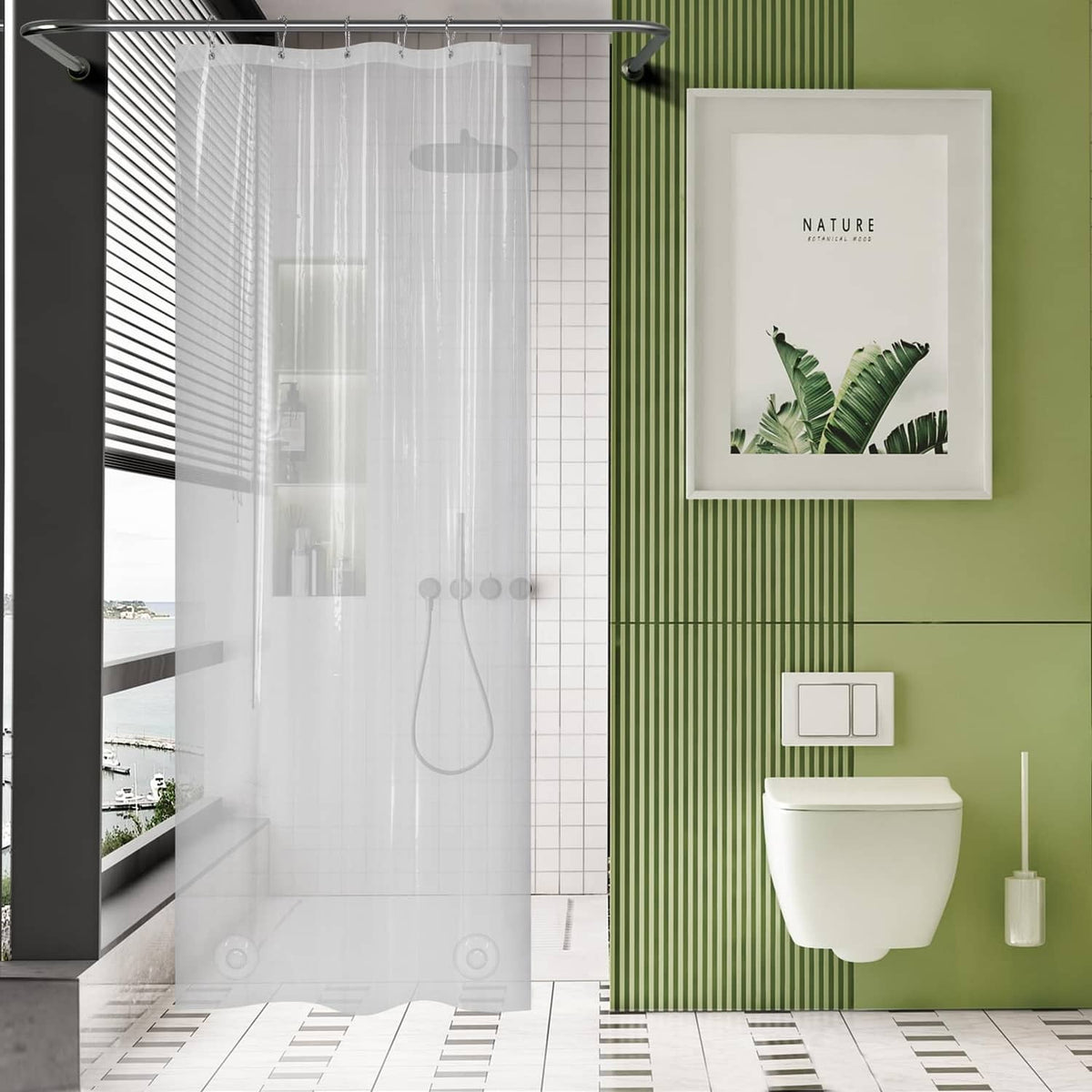 Clear long stall shower curtain liner with top grommets and hanging rings
