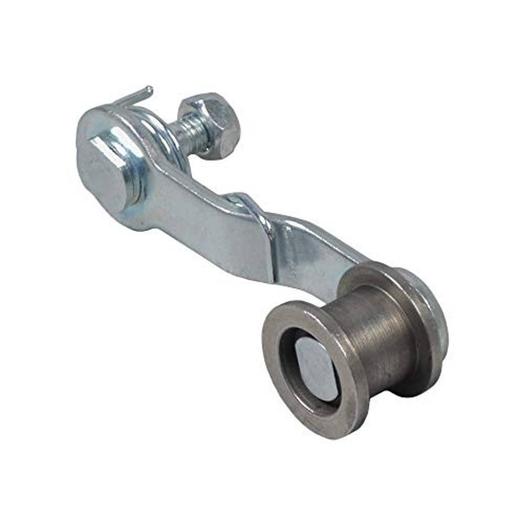 Metal chain tensioner assembly with spring and bolt, silver-gray finish.