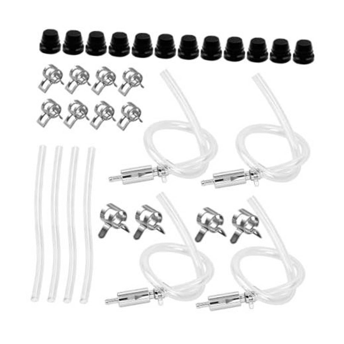 Brake bleeder hose kit set with clear hoses, one-way valves, metal fittings, and black caps