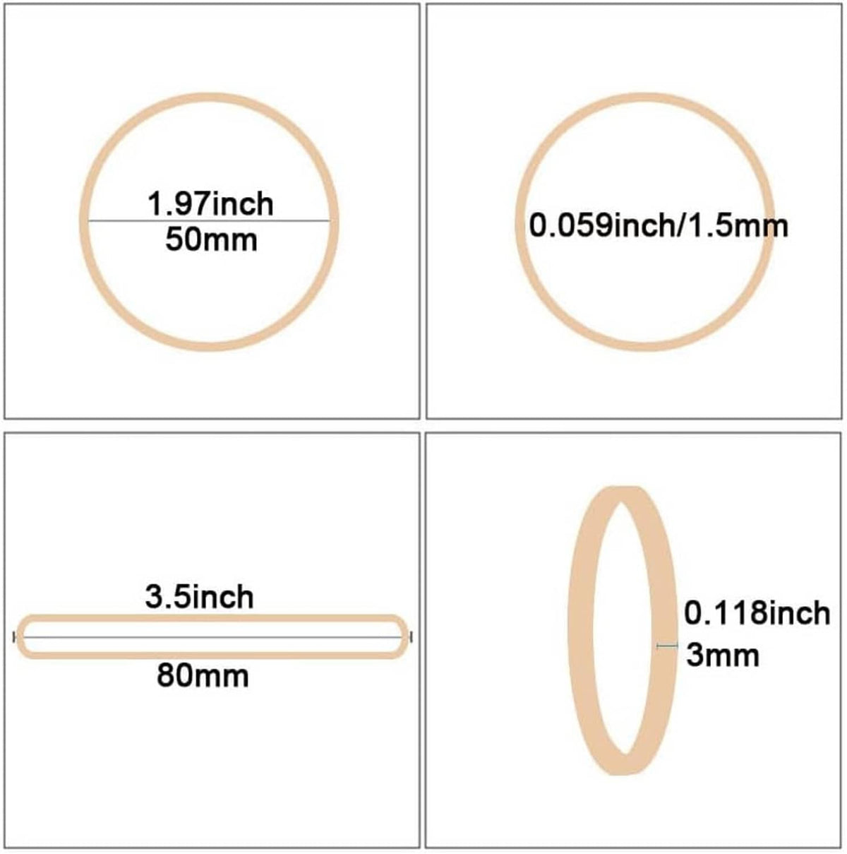 Beige rubber band sizes shown: 1.97 in (50 mm), 3.5 in (80 mm), 1.5 mm thick