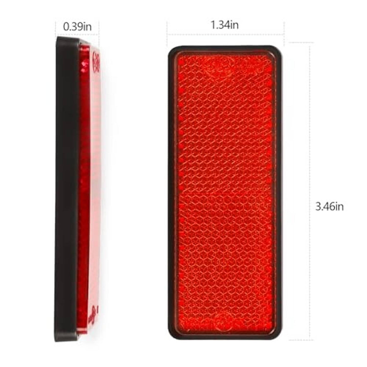 Red rectangle reflector shown thin side and front face, black frame edges