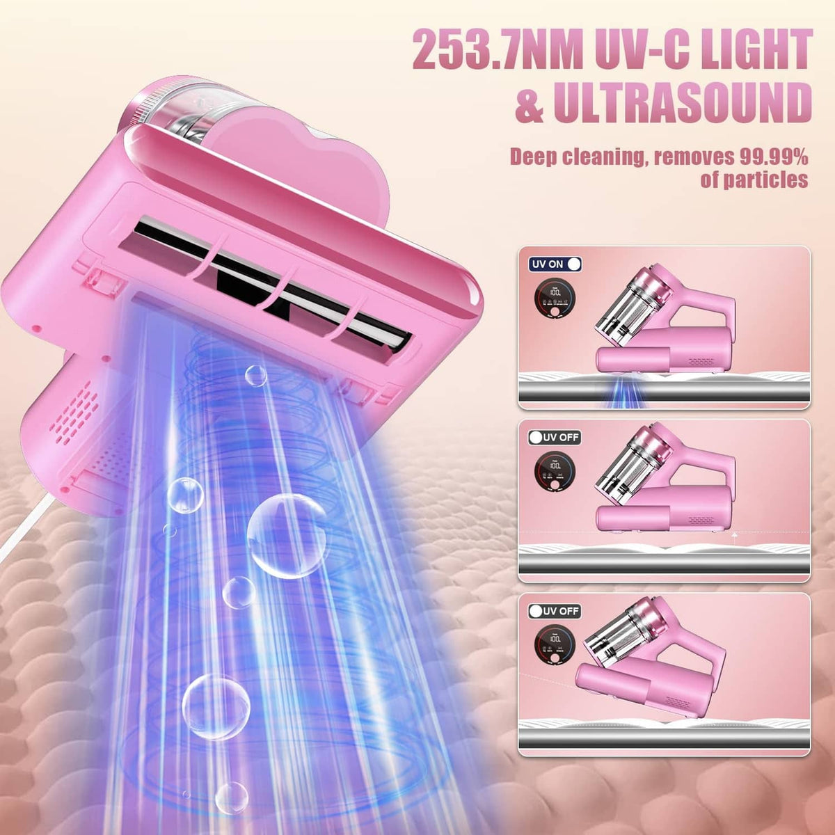 Pink mattress vacuum cleaner with UV-C light opening and transparent dust cylinder