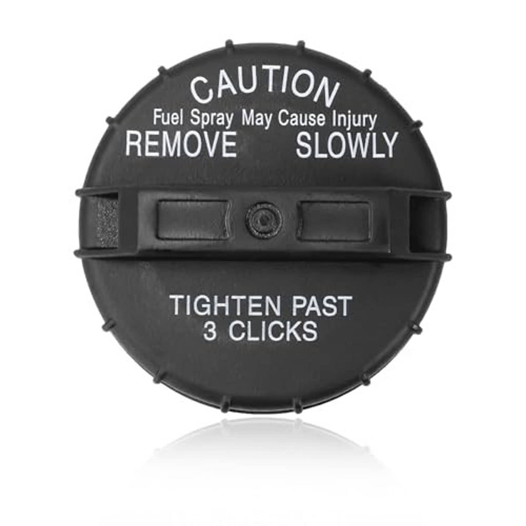 Fuel gas cap with “CAUTION” warning and “TIGHTEN PAST 3 CLICKS” text, black round cap