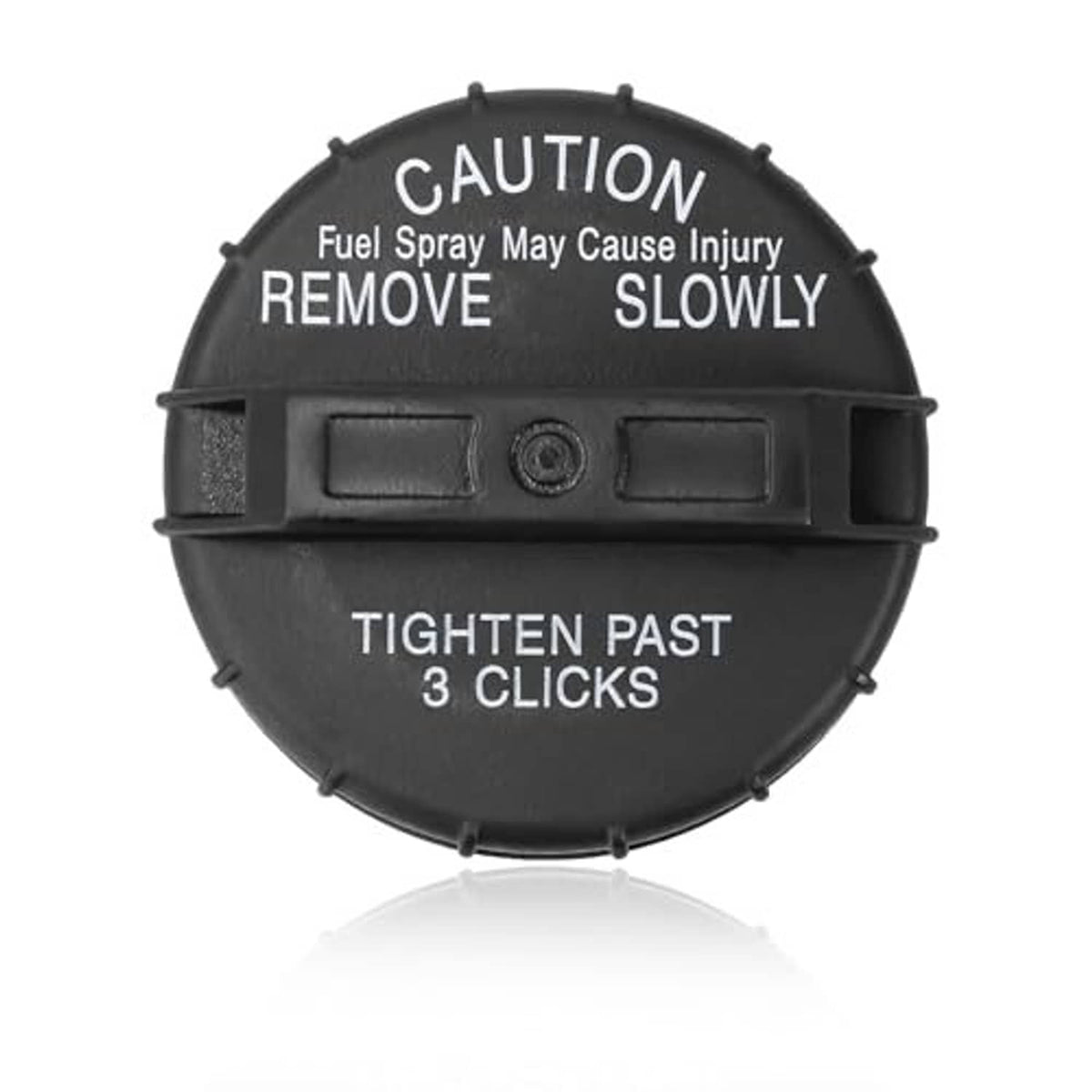 Fuel gas cap with “CAUTION” warning and “TIGHTEN PAST 3 CLICKS” text, black round cap
