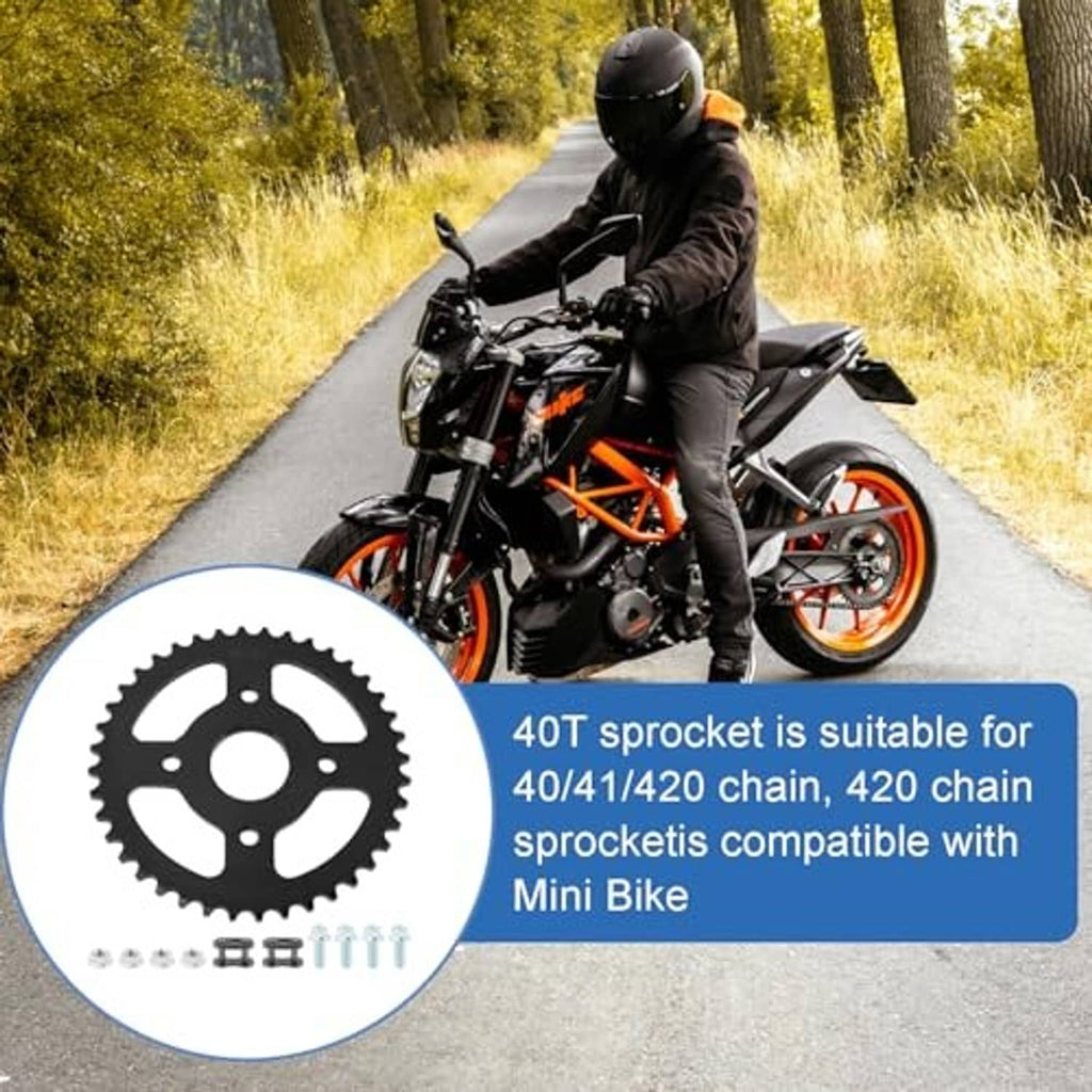 40T mini bike sprocket gear shown with small accessory kit and compatible chain set