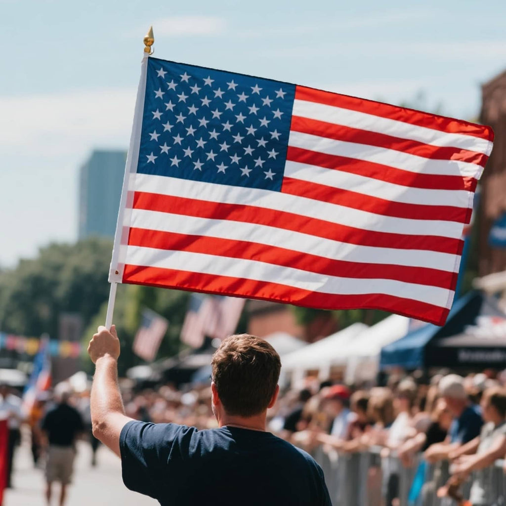 Waving American flag with blue star field and red-and-white striped fabric