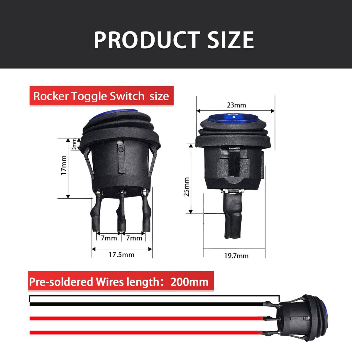 Black round rocker toggle switch with blue LED, 3-pin SPST, pre-soldered wires